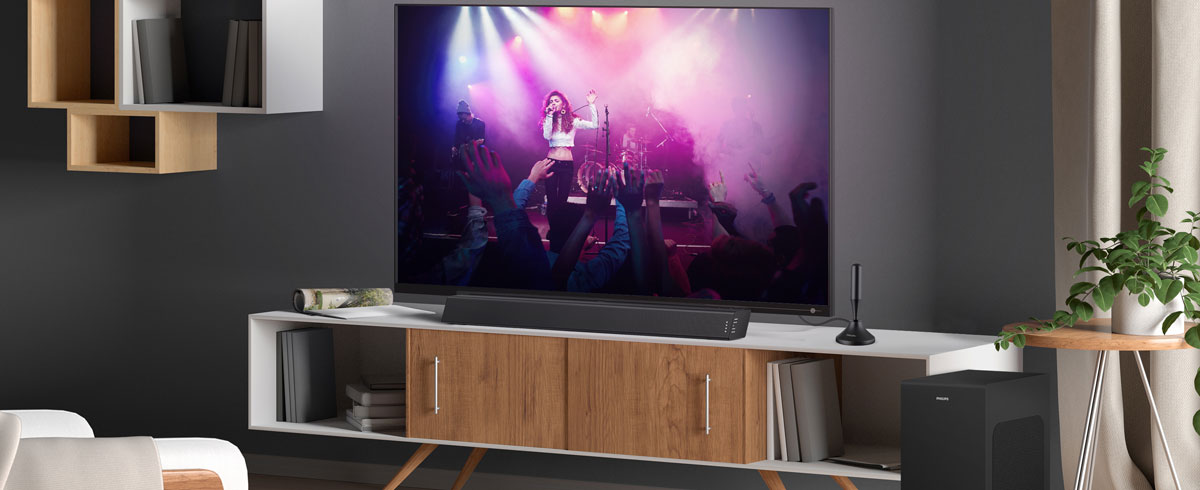 Ein modernes Wohnzimmer mit einem Fernseher, erg&auml;nzt durch passende Zubeh&ouml;rteile und stilvolle M&ouml;bel